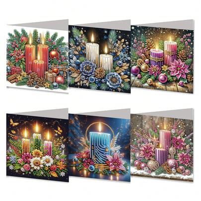 6件套钻石画贺卡礼盒套装，不对称形状水钻DIY明信片工艺品，优质工艺纸，适用于节日、派对、许愿卡、感谢卡、新年礼物