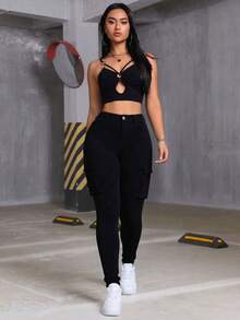 Skinny Cargo Jeans, Blue Wash, Stretchy, With Multiple Pockets, Butt-Lifting Effect, Fitted Cuffs - Black - View 5