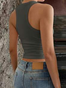 Vaiaye 女士 U 领修身休闲吊带背心，简约复古纯色背心，夏季时尚露背针织吊带背心，休闲百搭，简约日常穿着 - 軍綠色 - 查看 2