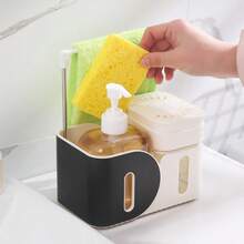 4 em 1 Dispenser de Sabonete com Bomba Dupla + Esponja de Polpa de Madeira + Suporte para Pano, Suporte de Armazenamento para Pia de Cozinha, Sabonete Líquido e Detergente de Louça Tipo Pressão Tudo em Um, Utensílio Prático para Feriados - multicolorido - Visão 9