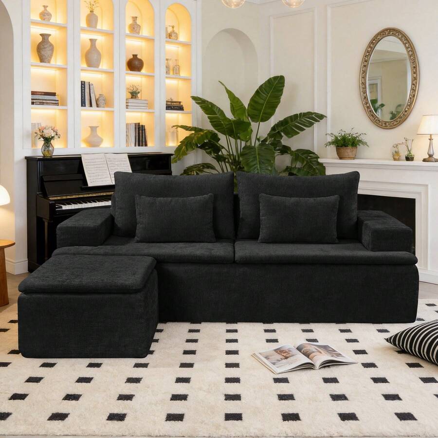 83"L-Shaped Boneless Couch,Modular Sectional Sofa With Moveable Ottoman & Deep Seat,Corduroy Upholstered Cloud Couches For Living Room Bedroom - Black - View 1
