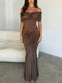 Vestido Maxi Elegante de unicolor con Volantes, Hombros Descubiertos, Cremallera, Formal para Fiesta de Noche, Playa, Boda, Primavera, Marrón para Mujeres - Marrón - Ver 2