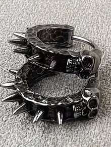1 Pair Vintage Gothic Style Skull Rivet Hoop Earrings, Suitable For Men And Women, Hip-Hop Street Style Round Earrings With Asymmetrical Dimple Design, Rock Punk Style - Fashion - View 7