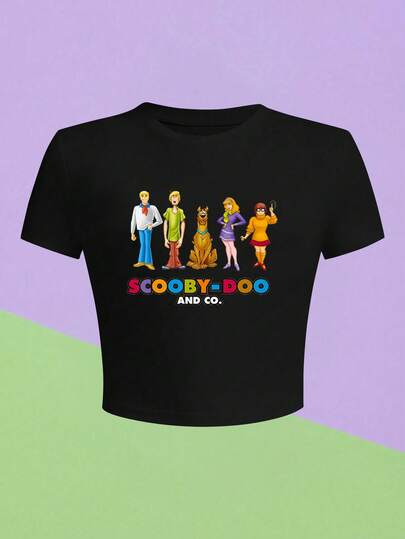 SHEIN X SCOOBY-DOO Áo croptop in họa tiết dành cho nữ - Phong cách thường ngày dễ thương, phù hợp mặc hàng ngày.