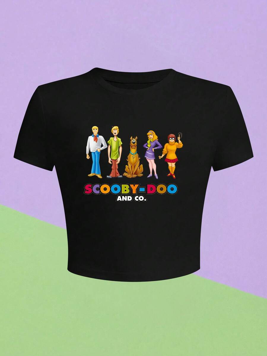 SHEIN X SCOOBY-DOO Áo croptop in họa tiết dành cho nữ - Phong cách thường ngày dễ thương, phù hợp mặc hàng ngày. - màu đen - Xem 1