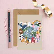 Tarjeta de felicitación premium cuadrada de la edición Seidel para bebé recién nacido (con sobre) - Serie de tarjetas para bebé: Para "pequeño/a" (niño/niña) - Tema de boleto del mundo animal (EQ116 SW024) - A - Ver 1