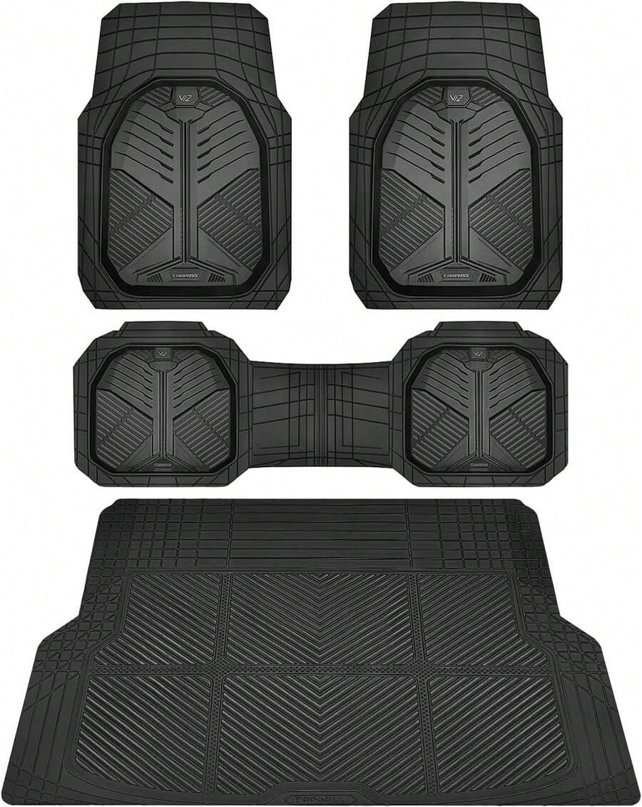 Heavy Duty Rubber Car Mats With Cargo Liner Deep-Dish All Weather Universal Trim-To-Fit For SUVs Trucks Sedans Waterproof Anti-Slip Trimmable V12 Black - 全黑 - 查看 1