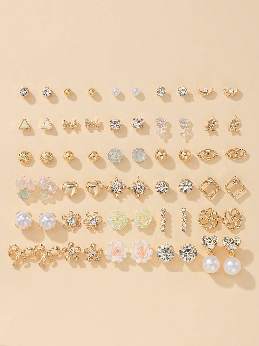 30对装可爱时尚花朵、蝴蝶结、星星、几何图案耳钉套装,适合日常、休闲、工作场合佩戴。 - 金黃色 - 查看 1