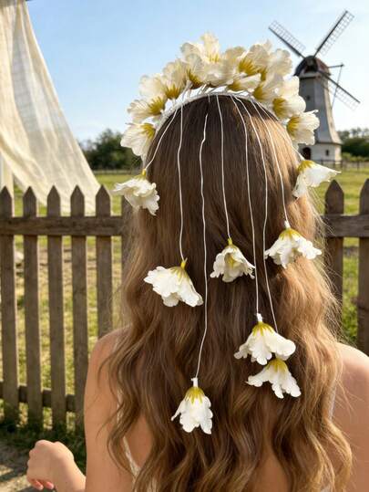 1Pc Flower Tassel Hair Hoop – Bohemian-Style Dangling Floral Headband, Suitable For Thin/Thick/Curly Hair, For Daily/Wedding/Party Hairstyles