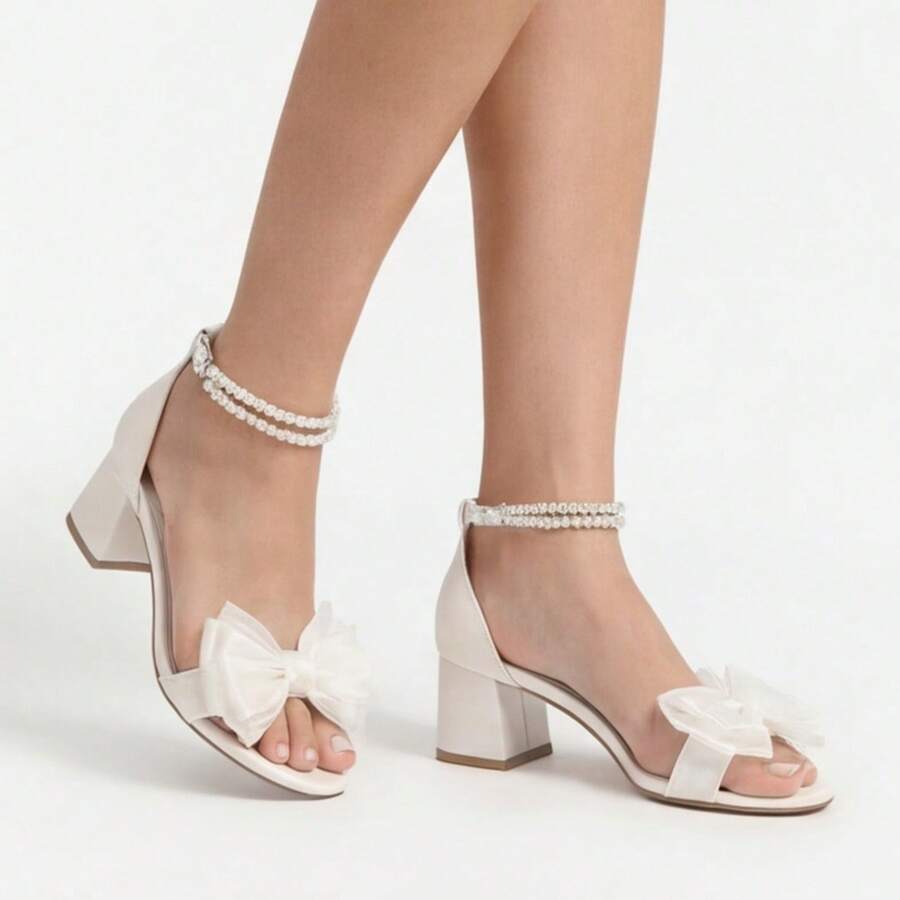 Women's High-Heeled Sandals, Sweet Bow Chunky Heel Sandals, Comfortable, Open-Toe, With An Adjustable Ankle Strap, Sweet And Elegant, Suitable For Everyday Wear, Vacations, Banquets, Parties, Dances, Dates, Local Warehouse Shipping. - 白色 - 查看 1