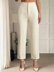 女士优雅白色锥形裤，饰有拉链和纽扣，无弹力，优雅经典的夏季裤装款式，白色七分裤，优雅白色长裤 - 白色 - 查看 5