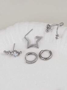 5pcs Cubic Zirconia Star Multilayer Pierced Earrings Set, Suitable For Women's Daily, Dating, Music Festival, Party Layering Matching - Silver - View 6