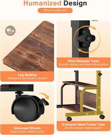 Portable Rolling Desk With Wheels, Adjustable Height 32" Computer Desk With Storage Shelves For Small Spaces, Home Office Rustic Style - 鏽棕色 - 查看 5