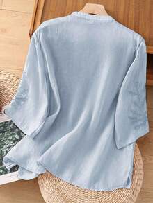Women's Summer Autumn Elegant Vintage Artistic Casual 100% Cotton Solid Color Non-Positioned Embroidery Cotton Linen Loose Fit Daily Commute Blouse, Holiday Vacation Outing Versatile Cotton Embroidered Elegant Shirt, Commute Business Casual Office Tea Party Versatile Embroidered Blouse - Blue - View 7