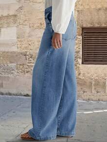 新款女士多扣阔腿休闲牛仔裤 - 高品质牛仔布，时尚舒适，春季必备 - 淺藍色 - 查看 3