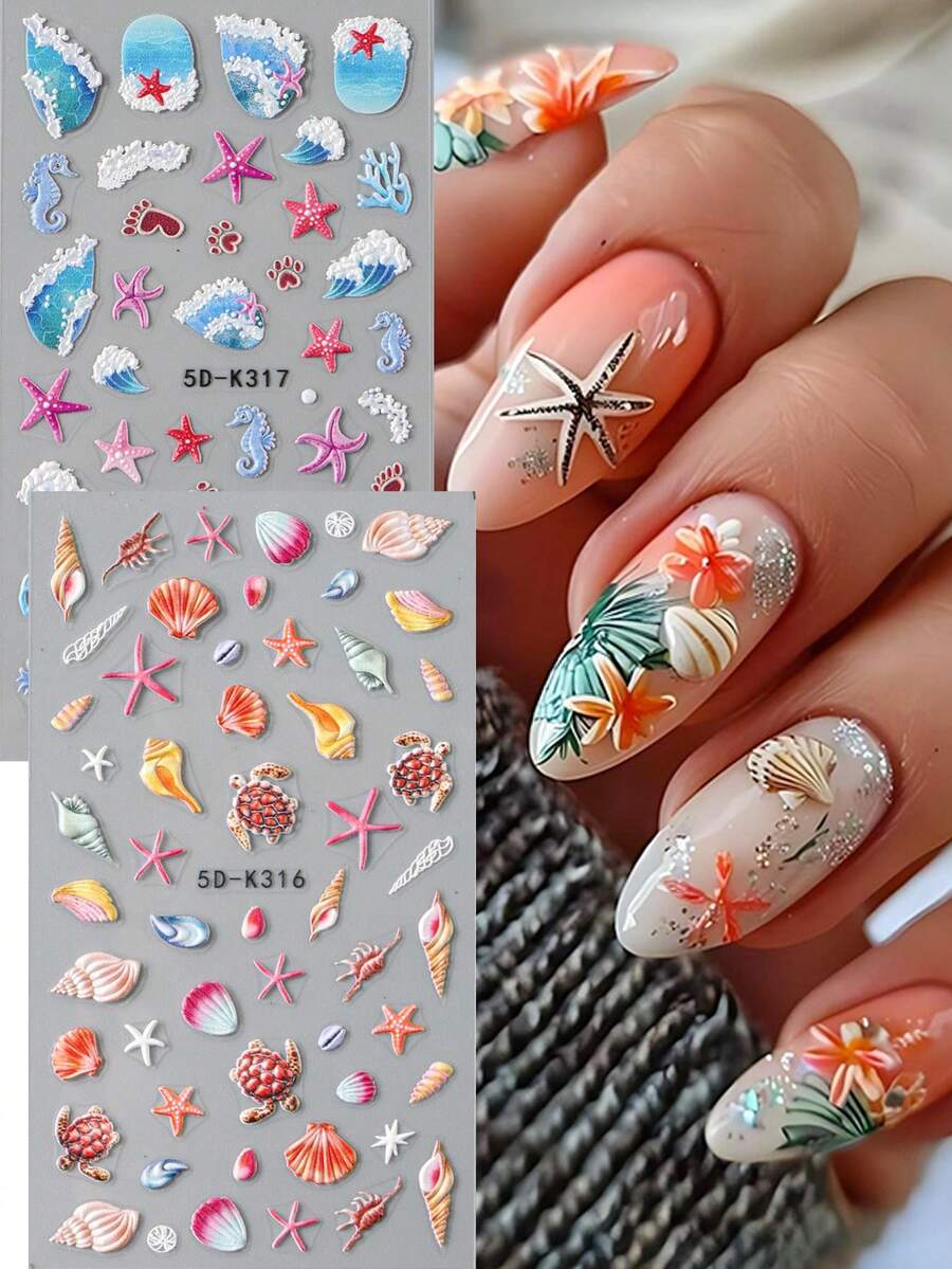 2pcs/Set Summer Beach Style Nail Stickers, 5D Embossed Wave Ocean Theme Shell Starfish Conch Turtle Coral Seahorse Pattern, Suitable For Wedding Party Holiday DIY Manicure Decoration - Multicolor - View 1