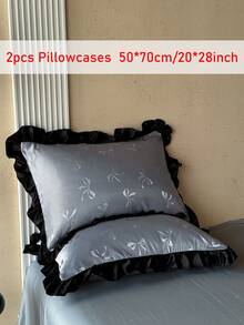 2pcs Blue Bow Jacquard Washed Faux Silk Pillowcase With Ruffle Edges, Minimalist Luxurious Style Polyester Decorative Throw Pillow Cover, Suitable For All Seasons, Modern Decor Cushion Cover, Machine Washable, Durable, Without Filling - Blue - View 7