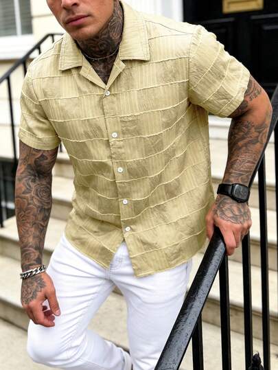 Men's Cuban Collar Jacquard Striped Short Sleeve Shirt, Summer Cotton Slim Fit Muscle-Defining Casual Vacation Shirt, American Retro Versatile Commute & Leisure Wear