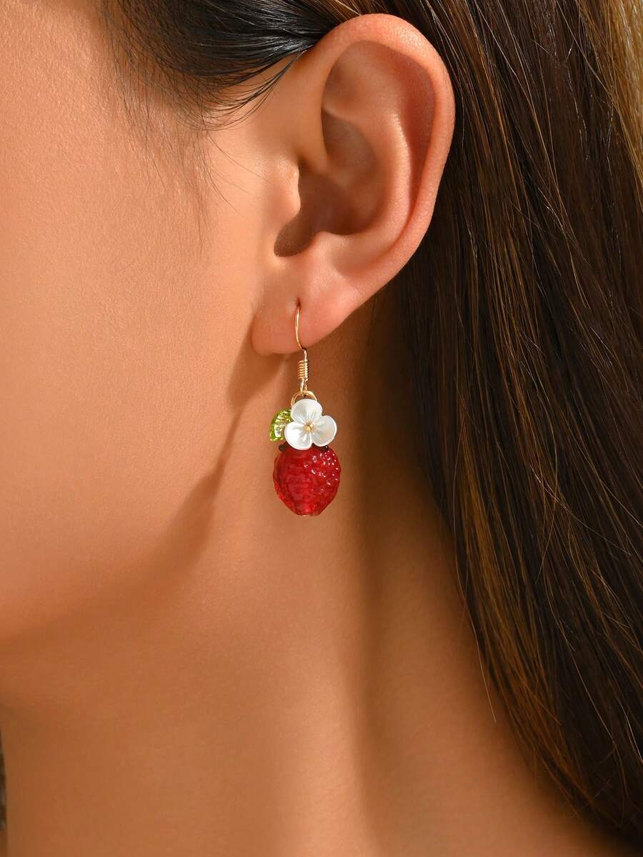 一对可爱树叶、花朵、草莓树脂吊坠耳环，创意甜美水果吊坠耳环，适合女性日常佩戴和度假佩戴 - 紅色 - 查看 1