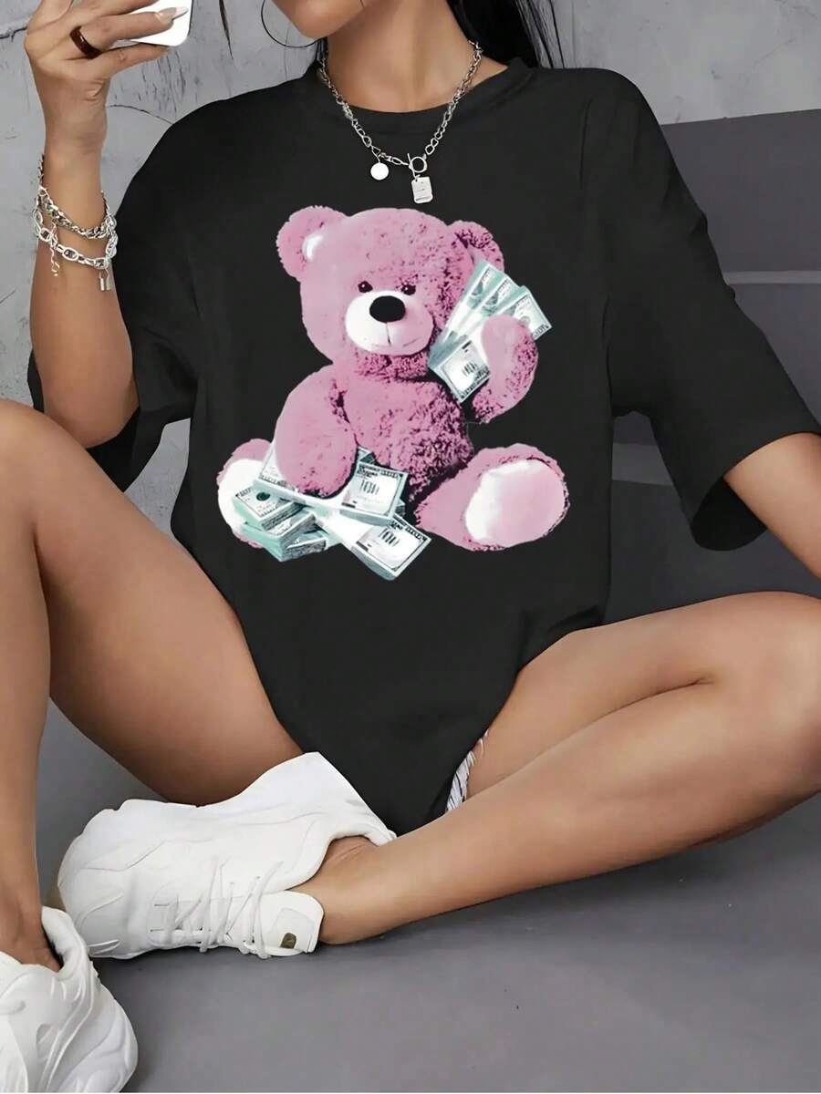 Women's 2026 Cartoon Bear Graphic Print Crew Neck T-Shirt, Women's Summer Clothes, Off Shoulder Short Sleeve T-Shirt, Casual Fashionable Style For Daily Outdoor Wear, Women's Spring Top. - 黑色 - 查看 1