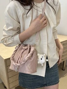 Bolso de cubo mini con cordón para mujer, bolso de hombro acolchado casual para exteriores - Rosa - Ver 3
