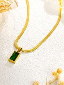 Bộ 3 món bằng thép không gỉ, đính đá Cubic Zirconia hình vuông màu xanh lá cây, gồm dây chuyền và bông tai, trang sức thời trang mới, không phai màu, phù hợp cho nam, nữ và bé gái đeo hàng ngày. - Vàng - Xem 5