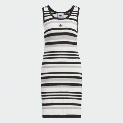 Adidas 女士撞色条纹针织舒适休闲修身低圆领无袖迷你连衣裙，夏季款 JI7046
