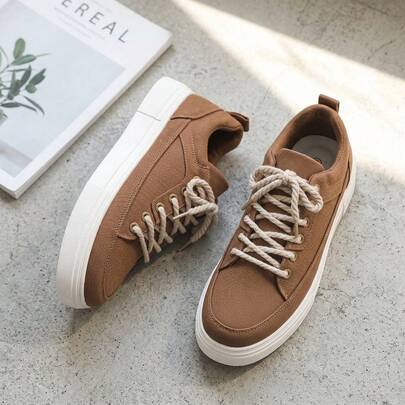 Tenis de hombre zapatos para hombre casuales de lona con cordones gruesos y diseño de costura, zapatillas urbanas de moda con suela de goma gruesa antideslizante, calzado cómodo y transpirable con plataforma ligera, tenis de estilo retro versátiles para diario, zapatos resistentes al desgaste y suaves.