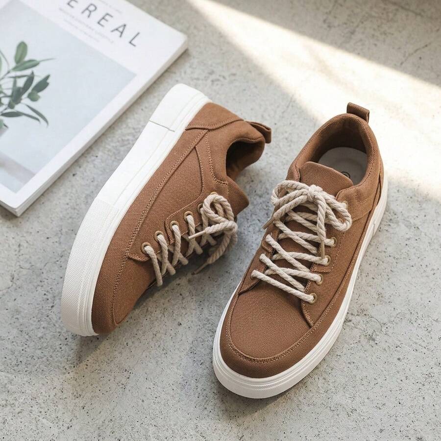 Tenis de hombre zapatos para hombre casuales de lona con cordones gruesos y diseño de costura, zapatillas urbanas de moda con suela de goma gruesa antideslizante, calzado cómodo y transpirable con plataforma ligera, tenis de estilo retro versátiles para diario, zapatos resistentes al desgaste y suaves. - Marrón - Ver 1