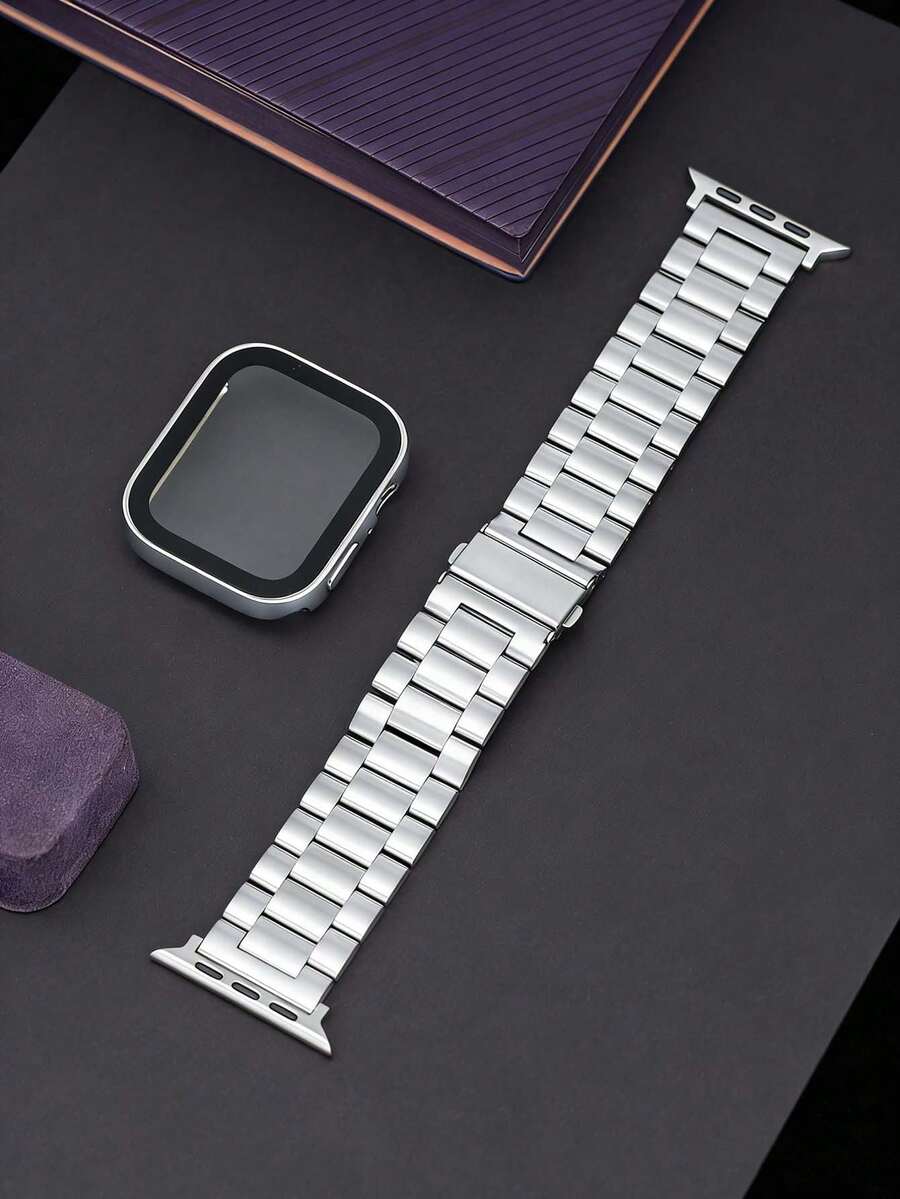 Stainless Steel 3-Bead Watch Band, Fashionable And Suitable For Apple Watch Case, High-End Business Watch Band + Case Set, Unisex, Silver. Compatible With Apple Watch 40mm/44mm/41mm/42mm/45mm/46mm/49mm, As Well As Ultra/SE/S11/S10/S9/S8/S7/S6/SE/S5/S4 Series. - Silver - View 1