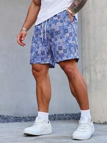 MAISONFOX 男士印花抽绳腰带短裤，男士休闲彩色印花抽绳腰带沙滩短裤，男士抽绳腰带彩色印花图案跑步短裤，适合作为送给丈夫/男友的礼物，夏威夷度假沙滩必备 - 藍色 - 查看 8