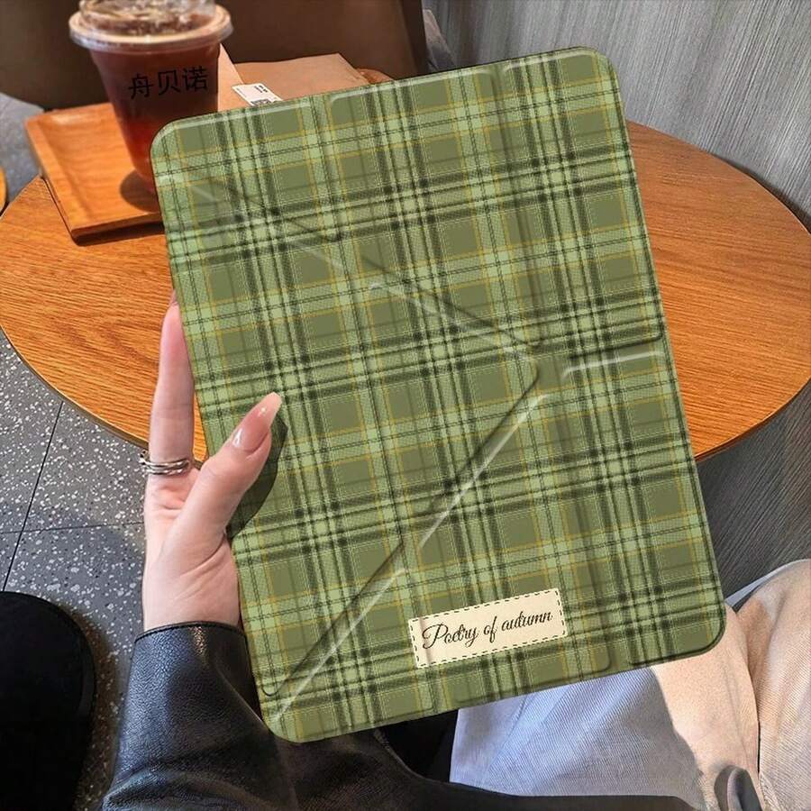 1 pieza Funda protectora para tableta con diseño de cuadros verdes otoñales, plegado en Y, transparente y plana, soporte de múltiples ángulos, anti-doblez y anti-caída, función de despertar automático, compatible con iPad 10th Gen / Air4/5/Pro 11" / 9/8/7th Gen, estilo femenino y suave para niñas - Verde - Ver 1