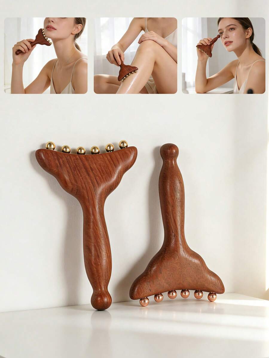 1 chiếc bàn chải massage toàn thân 6 hạt, cán gỗ, thích hợp cho mặt, cơ thể, chân, thiết kế hạt đồng, chống trượt, nâng cơ mặt, massage chân, spa tại nhà, chăm sóc sức khỏe và sắc đẹp hàng ngày.