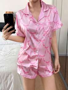 Dreamivo 女士优雅纯色短款睡衣套装 - 短袖纽扣领上衣和裤子，柔软缎面睡衣，可机洗，可外穿 - 粉色 - 查看 4