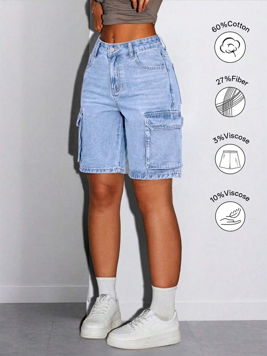 Quần short denim cargo mùa hè dành cho nữ, có túi bên và túi nắp, phong cách đường phố cổ điển, thiết kế ống thẳng, thanh lịch cho trang phục hàng ngày. Phong cách thường ngày. - Màu xanh lam siêu nhạt - Xem 1