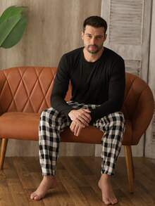 Men's Long Plaid Pajamas Cold Winter Flannel - 黑色 - 查看 1