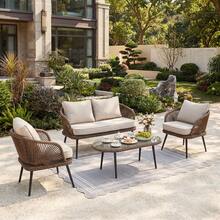 LITTLE TREE 4-Piece Outdoor Patio Furniture Set, Wicker Rattan Conversation Furniture Set With Removable Cushions And Glass Coffee Table For Balcony, Backyard Porch, Poolside - màu nâu - Xem 10