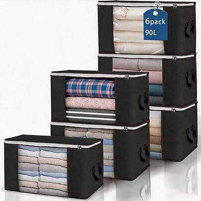 Large Storage Bags, Set Of 6 Foldable Storage Boxes With Durable Handles, Thick Fabric, Ideal For Blankets, Duvets, Clothes, And Bedding, 90 L (Black)