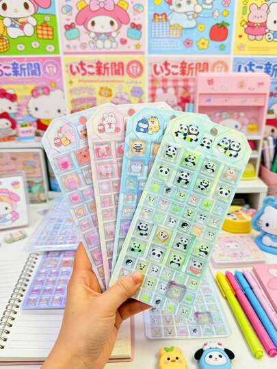 可爱3D格子贴纸 - 卡通熊猫和兔子装饰贴纸，适用于笔记本、手机壳和文具