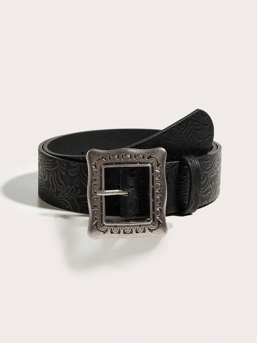 1pc Women's Retro Silver Square Buckle Printed Black Waist Belt, Suitable For Dresses And Coats - Black - View 1