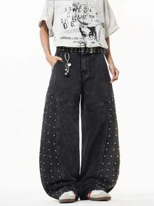 1 buc. Justice Brother American Casual Brand Blugi bărbătești, stil american, stil casual, cu decor nituri, pantaloni din denim tip patchwork, croială largă, croială lejeră (curea și accesoriile nu sunt incluse) - Negru - Vizualizare 1
