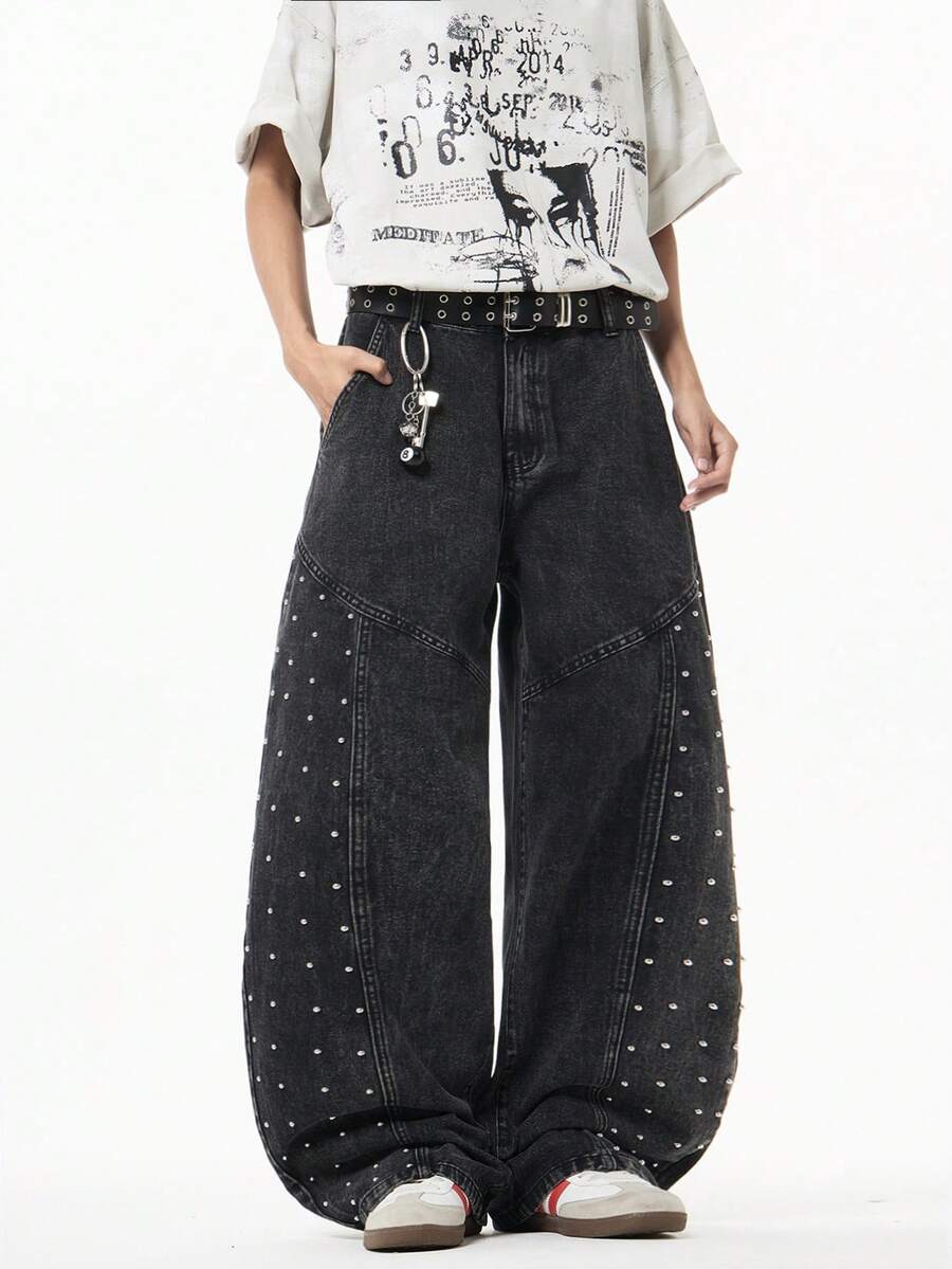 1 buc. Justice Brother American Casual Brand Blugi bărbătești, stil american, stil casual, cu decor nituri, pantaloni din denim tip patchwork, croială largă, croială lejeră (curea și accesoriile nu sunt incluse) - Negru - Vizualizare 1