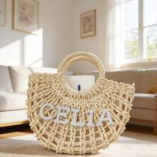 1 pieza Bolso de paja tejido a mano tipo bandolera, se puede personalizar con letras de perlas falsas, adecuado para vacaciones de primavera/verano, uso diario - Multicolor - Ver 14