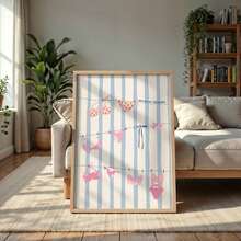 1 peça de arte de parede fofa com varal de roupas de verão, impressão em tela estilo casa de praia/litoral | Decoração rústica costeira com listras azuis suaves para quarto, sala de estar ou escritório, pôster náutico fofo com laço rosa e azul, presente para ela, sem moldura, com moldura de madeira ou moldura de madeira - padrão - Ver 6