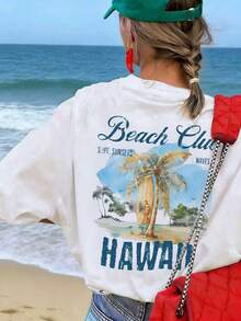 Women's Casual Vintage Summer Beach Print T-Shirt, Crew Neck, Short Sleeves, White, Summer Tops - White - View 3
