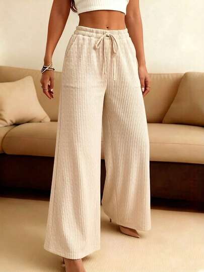 Beige Corduroy Texture Wide Leg Pants Daily Casual Drawstring Waist Bottoms Spring