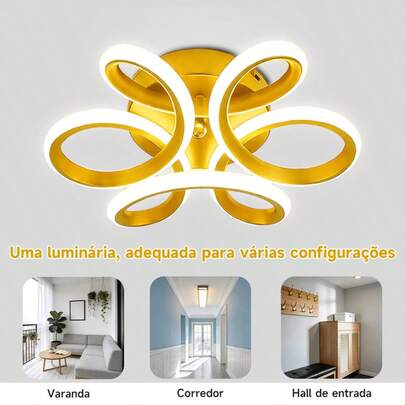 Luminária de Teto LED Moderna Dourada Minimalista, Design Curvo Artístico, Luz Regulável (Quente/Fria), Ideal para Sala, Quarto, Corredor e Decoração Luxuosa