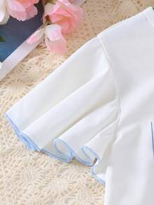 女童夏季香蕉水果图案字母印花圆领T恤和条纹短裤套装，含腰带 - 淺藍色 - 查看 5