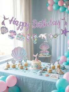 美人鱼主题生日派对装饰套装，闪亮紫色生日快乐纸质横幅，配有贝壳、海马、尾巴装饰，海洋主题派对用品，适合女孩房间装饰、拍照背景、婴儿派对 - 美人魚主題 - 查看 2