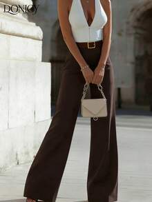 DONICY Women's Solid Color Pleated Wide Leg Loose Casual Pants - Coffee Brown - View 6